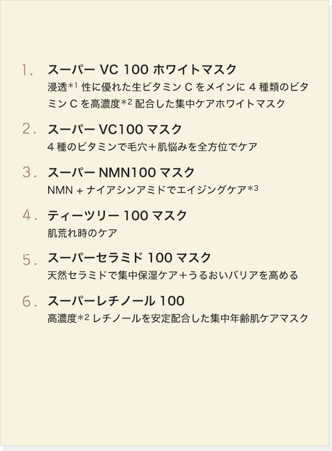 1.スーパー VC 100 ホワイトマスク 2.スーパーVC100マスク 3.スーパーNMN100マスク 4.ティーツリー100マスク 5.スーパーセラミド100マスク 6.スーパーレチノール100