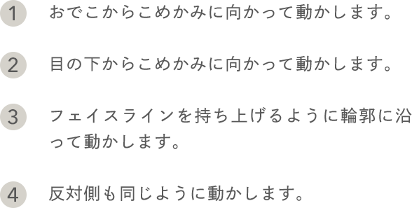 1.おでこからこめかみに向かって動かします。 2.目の下からこめかみに向かって動かします。 3.フェイスラインを持ち上げるように輪郭に沿って動かします。 4.反対側も同じように動かします。