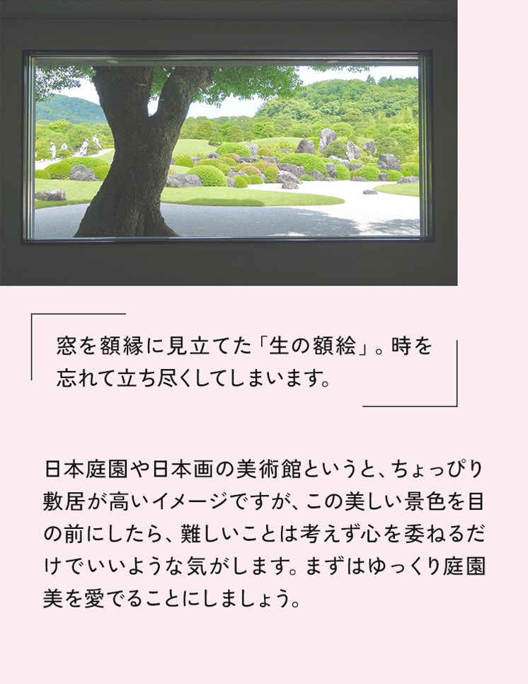 日本庭園や日本画の美術館というと、ちょっぴり敷居が高いイメージですが、この美しい景色を目の前にしたら、難しいことは考えず心を委ねるたけでいいような気がします。まずはゆっくり庭園美を愛でることにしましょう。