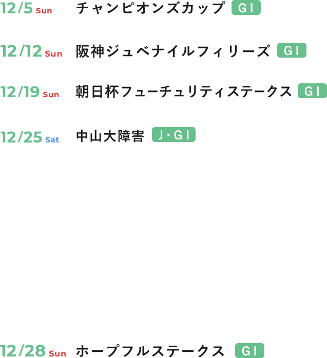 12/5 Sun チャンピオンズカップ(G1) 12/12 Sun 阪神ジュベナイルフィリーズ(G1) 12/19 Sun 朝日杯フューチュリティステークス(G1) 12/25 Sat 中山大障害(J・G1) 12/28 Sun ホープフルステークス(G1)
