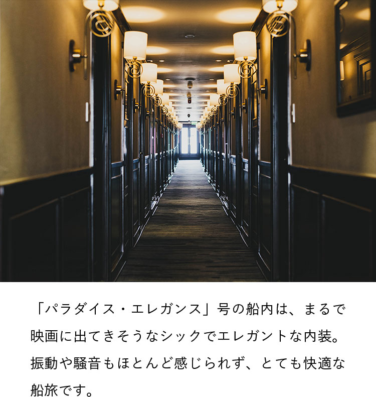 「パラダイス・エレガンス」号の船内は、まるで映画に出てきそうなシックでエレガントな内装。振動や騒音もほとんど感じられず、とても快適な船旅です。