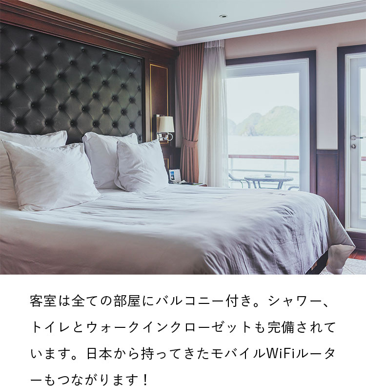 客室は全ての部屋にバルコニー付き。シャワー、トイレとウォークインクローゼットも完備されています。日本から持ってきたモバイルWiFiルーターもつながります！