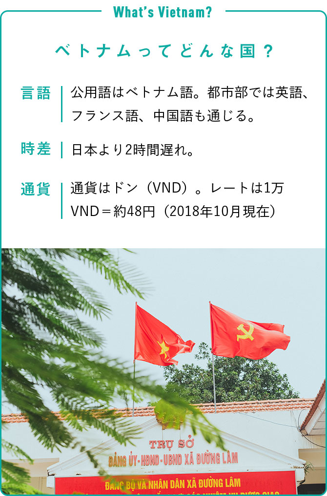 What’s Vietnam？ベトナムってどんな国？言語：公用語はベトナム語。都市部では英語、フランス語、中国語も通じる。時差：日本より2時間遅れ。通貨：通貨はドン（VND）。レートは1万VND＝約48円（2018年10月現在）